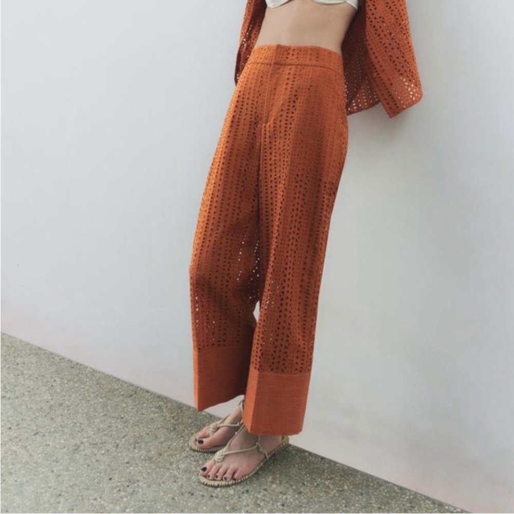 ZARA Eyelet Cutwork Wide Leg Cropped Pants 100% Cotton High Waisted Small